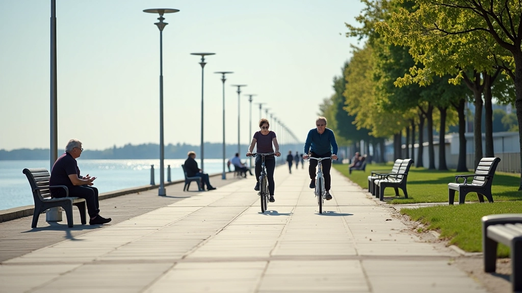 Saulkrastu promenādes rindā sēžošie cilvēki un modernā infrastruktūra
