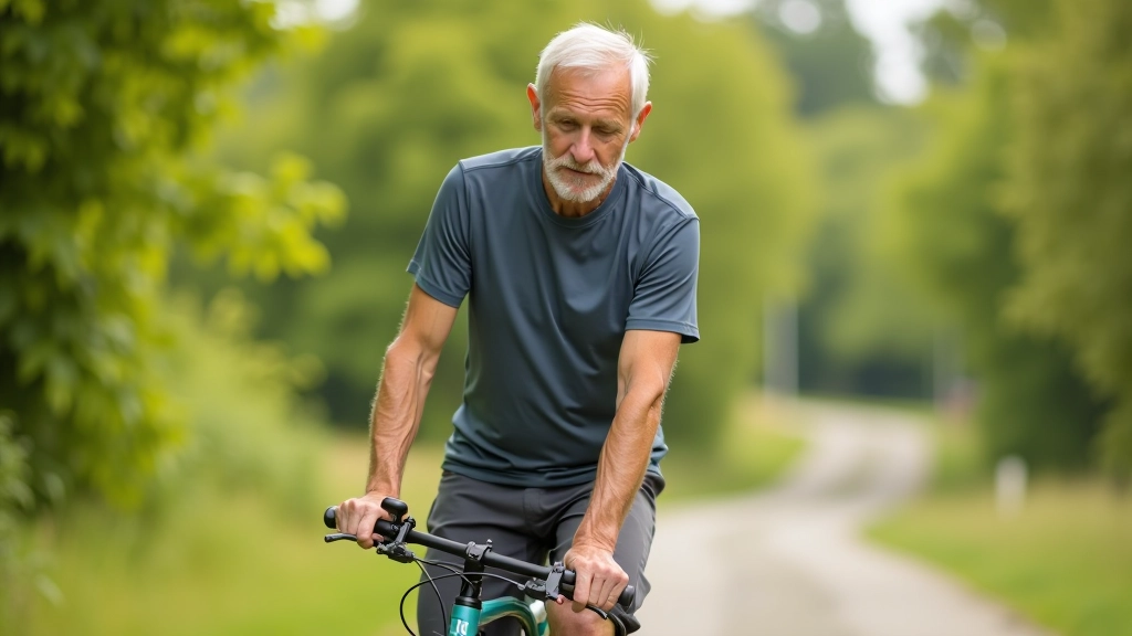 Vecāka gada vīrietis pārbauda velosipēda bremzes pirms brauciena, skaidrs apgaismojums